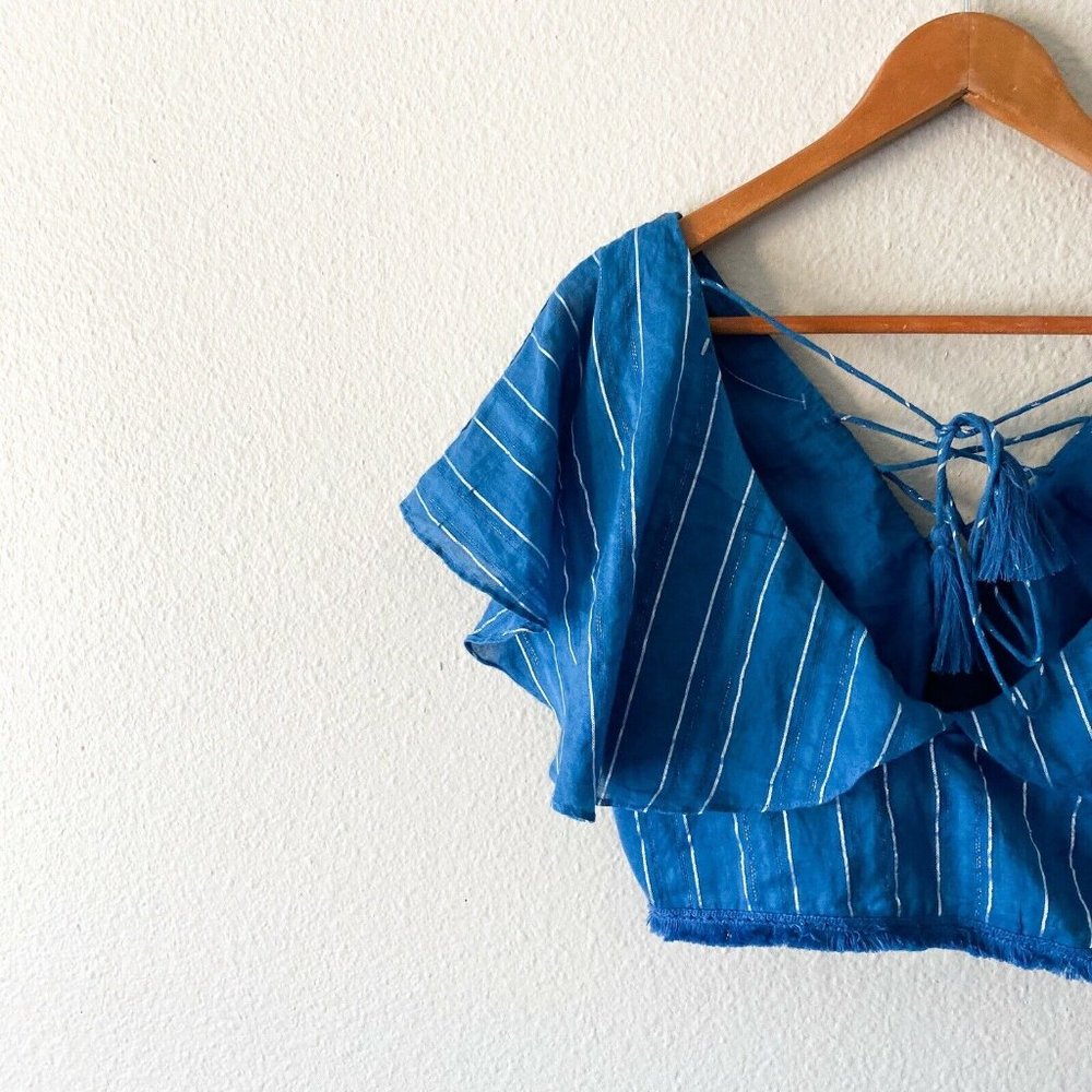 Revolve Tularosa Zoey top In Indigo crop top metallic silver striped tied boho L - Picture 5 of 9